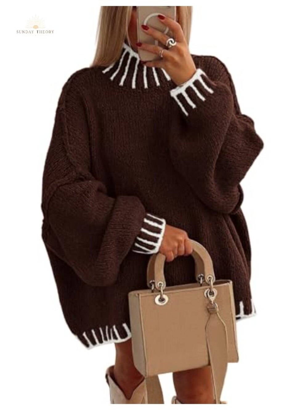 Mock Neck Oversized Pullover Sweater Long Sleeve Chunky Knit Tunic